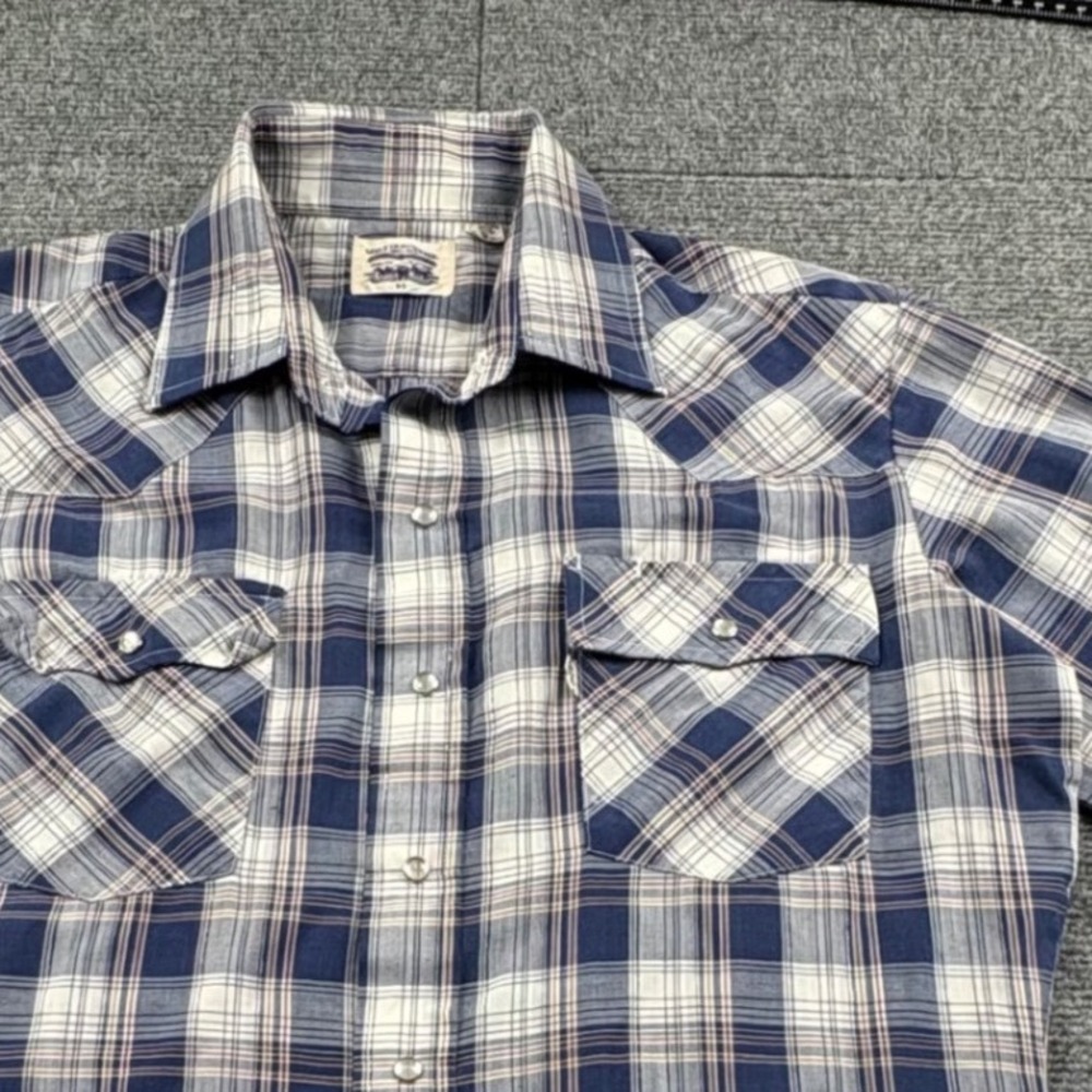 Vintage White Tab Levi's Mens Western Pearl Snap Shirt Plaid Long Sleeve Size M